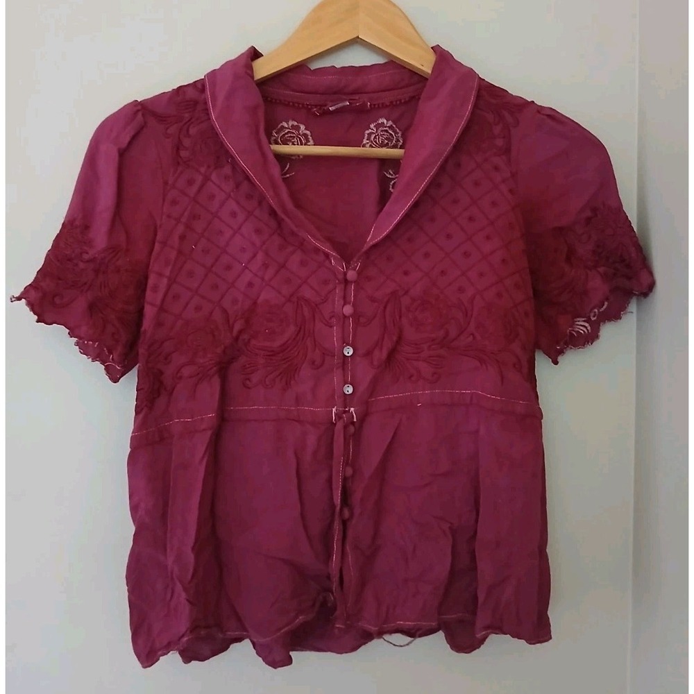 Anthropologie Embroidered Button Up Blouse Size 0 Coquette Romantic Feminine